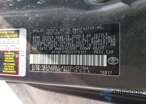 2012 Toyota Camry Se из США, поврежденный, VIN 4T1BF1FK2CU179107